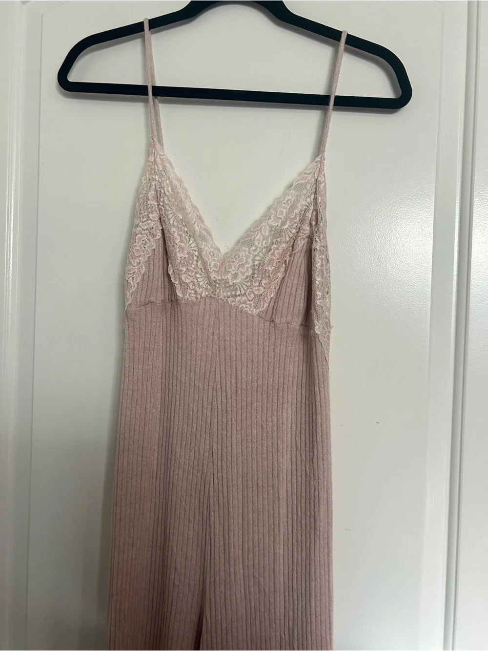 Free People About Time Ribbed Knit Lace wide Leg Jumpsuit Size M chic coquette
